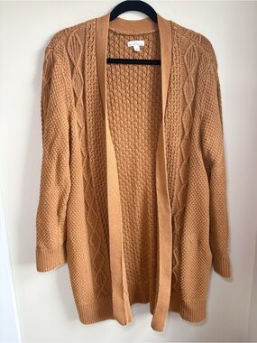 L.L. Bean Camel Cable-Knit Open Cardigan Sweater